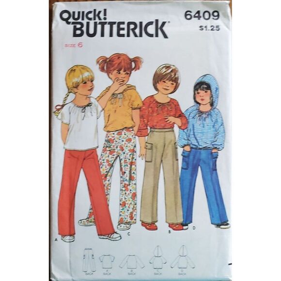 Vintage 80s Butterick Pattern 6409 Uncut Girls Top Elastic Neckline Pants 6 - Picture 1 of 3